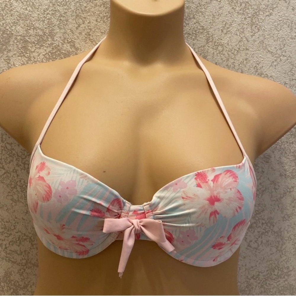 Hollister Light Blue & Pink Floral Halter Bikini Top with Center Bow